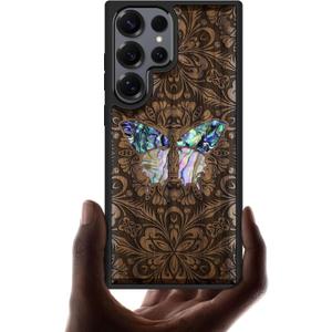 Carveit Magnetic Wooden Case for Samsung Galaxy S25 Ultra Case, Wood Artisan Engraved & Handmade Shell Inlaid, Compatible with MagSafe Wireless Chargers (Baroque Butterfly)