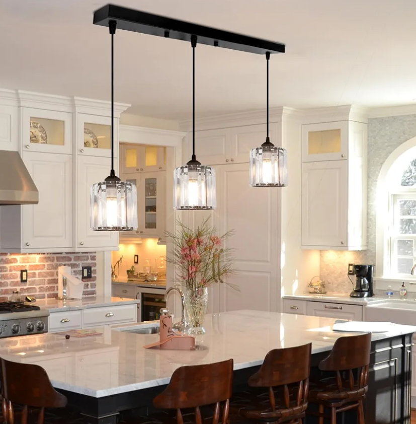 3-Lights Black Hanging Ceiling Light Mini Chandelier，Adjustable Farmhouse Pendant Ceiling Lights Fixtures, Crystal Hanging Lamps for Kitchen Island, Dining Room, Hallway, Black Metal Hanging Lights
 Color: 19.7"x2"-3 lights crystal chandelier