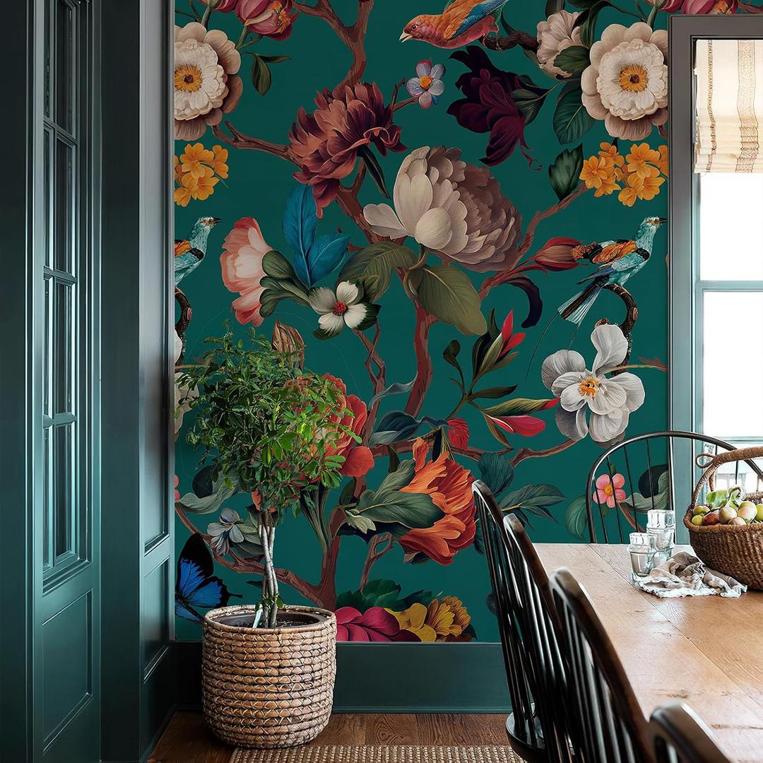 Vintage Blue Floral Peel and Stick Wallpaper Mural, 98" x 59"