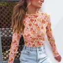 Women's Sheer Floral Long Sleeve Layering Top Ruffled Mock Neck Sheer Blouse for Casual Brunch Party Club Night Date Outfits (Floral Pink White)