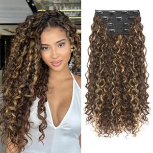 Clip in Hair Extensions, FLUFYMOOZ 4PC 100 Pure Protein Silk Hair Extensions Long Soft Natural Hairpiece 20 Inch Curly Hair Extension for Women (Dark Golden Brown with Highlight)