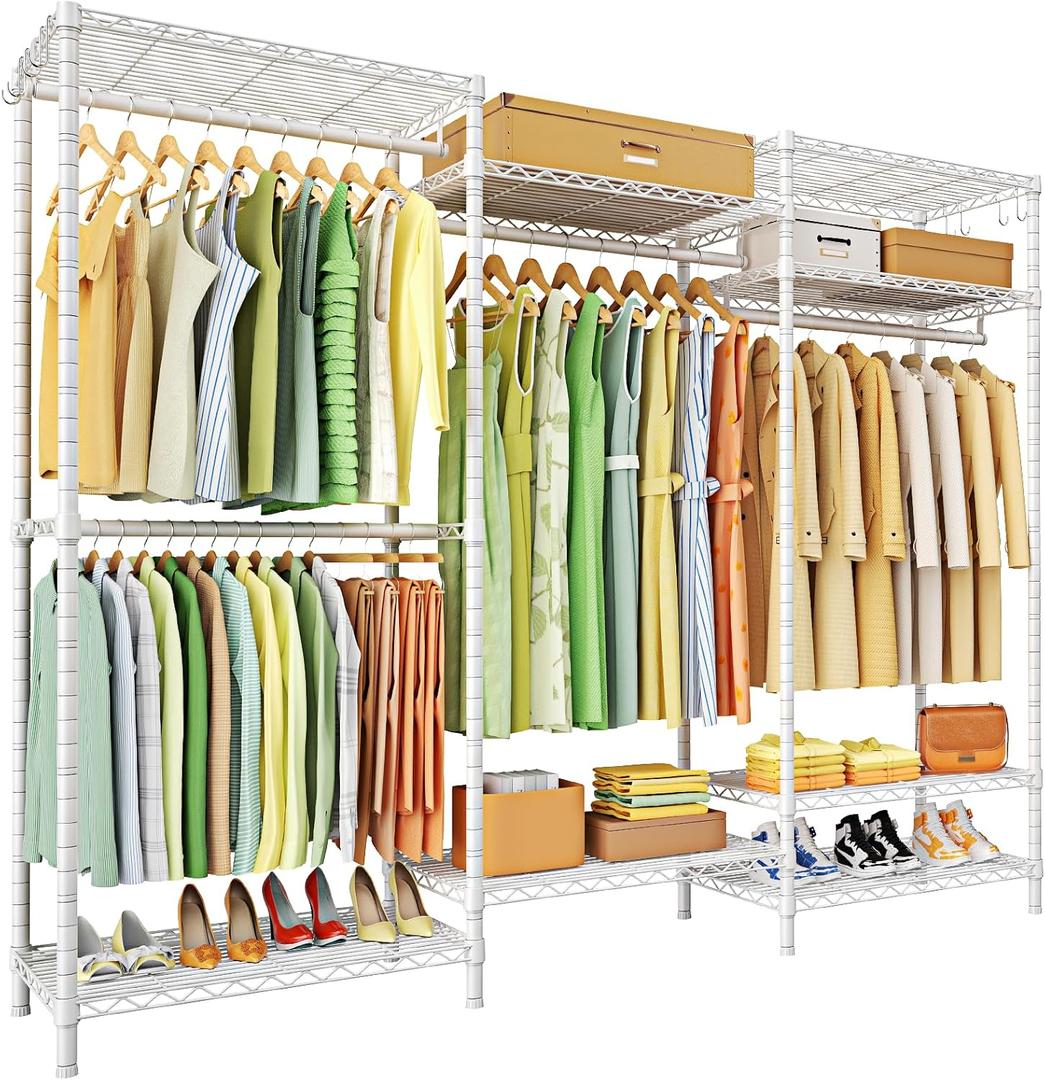 Ulif E13 Heavy Duty Clothes RackWith 4 Hanger Rods & 8 Shelves Freestanding Clothing Racks for Hanging ClothesAdjustable Closet OrganizerMetal Garment Rack 63" W x16 D x77 HMax Load 900LBSWhite