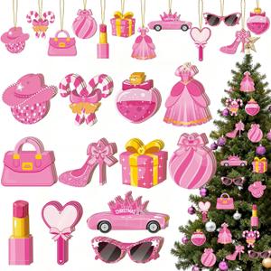36 Pcs Pink Ornaments for Christmas Tree Wooden Princess Hanging Ornaments for Christmas Cute Pendants Party Decoration with Rope Xmas Gifts for Girls Party Xmas Decorations (Medium)