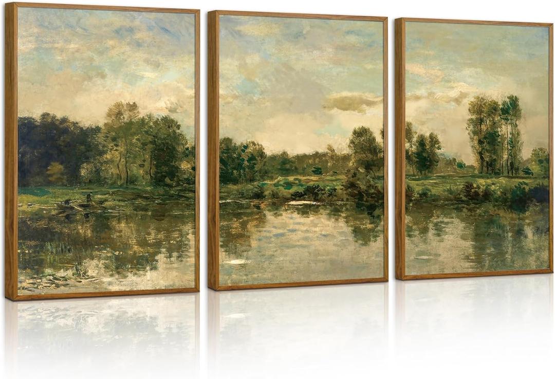 Tinonedraw Vintage Landscape Framed Canvas Wall Art Set of 3, French Country Art Prints, Nature Green Trees and Lake Art Paintings, Rustic Aesthetic Wall Decor for Living Room Bedroom Office 16"x24"x3 Tinonedraw Vintage Landscape Framed Canvas Wall Art Set of 3, French Country Art Prints, Nature Green Trees and Lake Art Paintings, Rustic Aesthetic Wall Decor for Living Room Bedroom Office 16"x24"x3