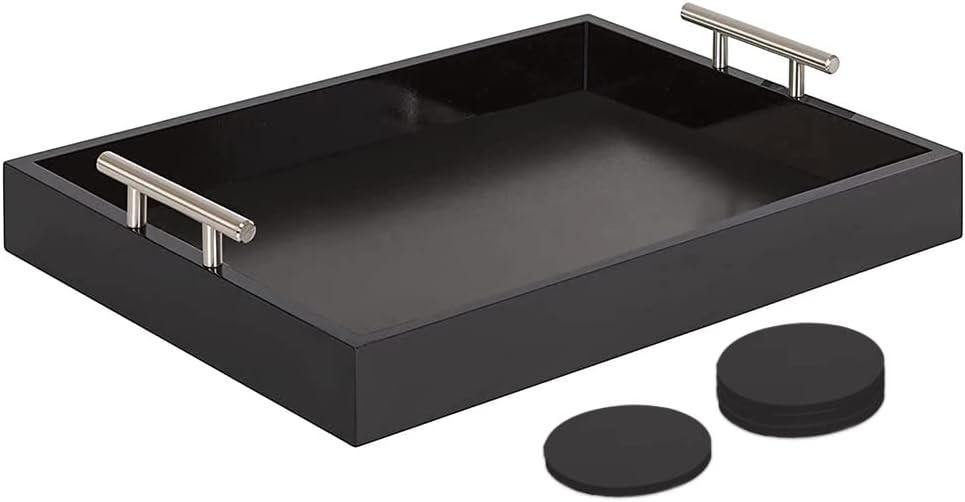 Serving Tray 16.5X 13Deluxe Wooden Ottoman Tray for Coffee Table with Polished Silver Metal Handles and 4 Coasters, Living Room Bathroom Coffee Bar Organizer Modern Decorative Black