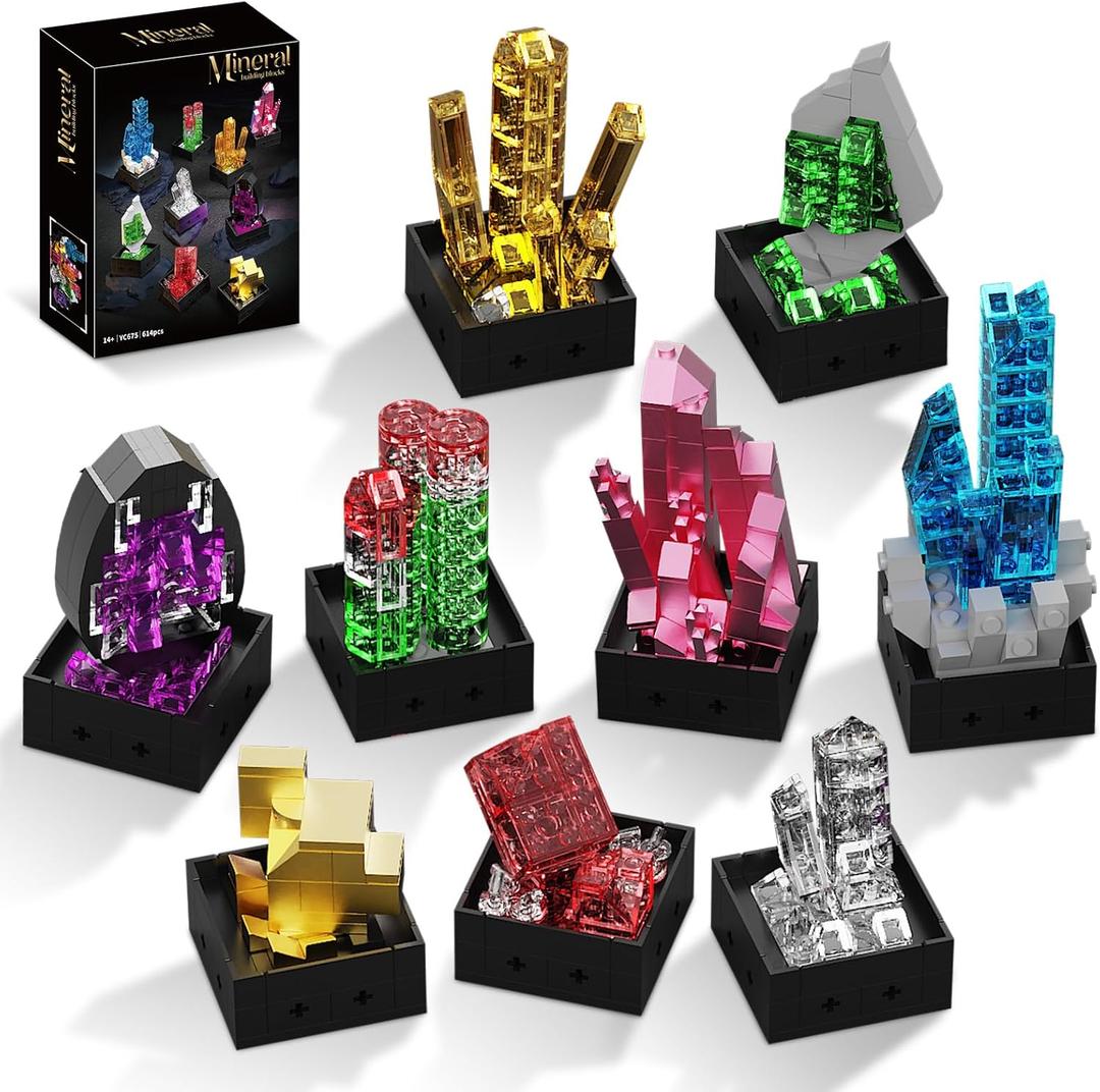 Mineral Building Block Set for Adults, 9 Pack Geology Rock Collection Gemstone Bonsai Building Toy, Creative Home and Office Decor for Men and Women, Birthday Gifts for Mineral Lovers 14+(614 PCS)