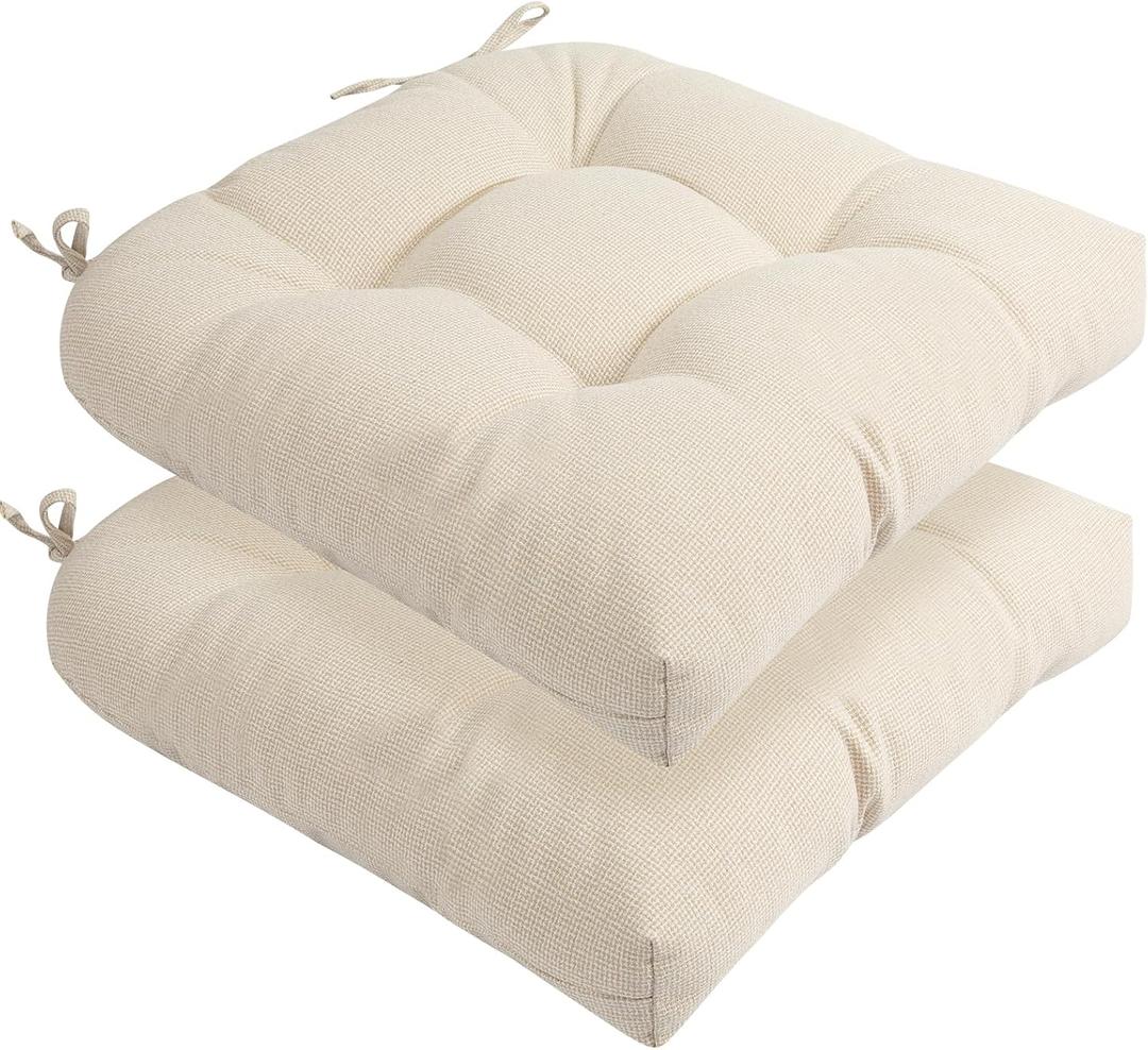 Indoor/Outdoor Tufted Seat Cushions with Ties Set of 2, 19"x19" Chair Cushions for Dining Chairs, Waterproof Overstuffed Chair Pads for Garden Patio Kitchen Home-Cream, 2 Count