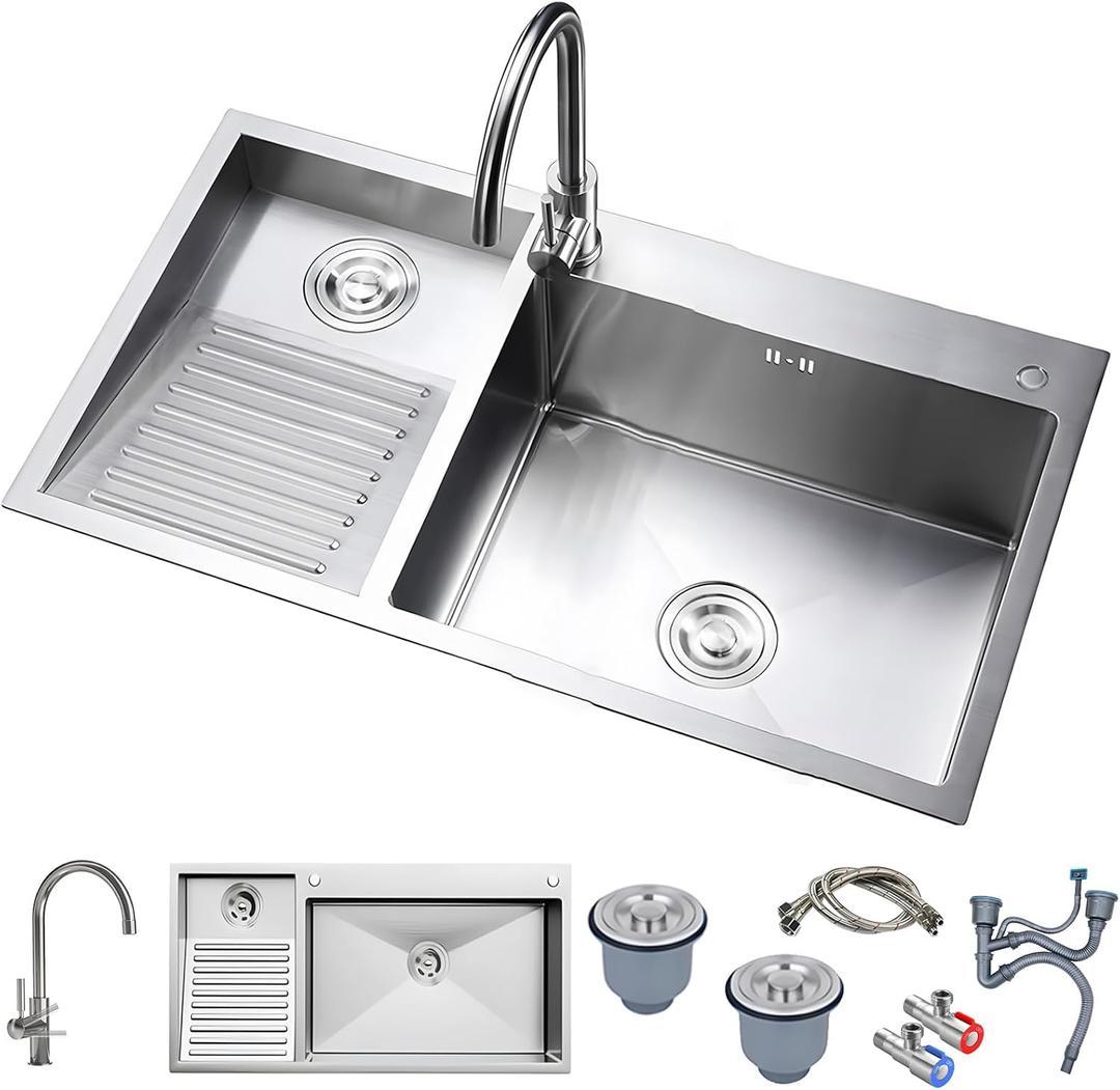 1000mm/39.3Inch Laundry Utility Sink With Washboard Stainless Steel Kitchen Sink with Faucet Household Pool Balcony Room Wash Basin Easy Clean Double-Bowl