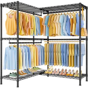 ULIFHOME E15 Pro Garment Rack L Shaped Clothes Rack for CornerFreestanding Clothing Racks for Hanging ClothesHeavy Duty Closet System with 4 Hanging Rods & 8 S Hooks48.8"W x 15.8"D x 78.4"HBlack