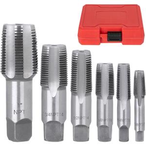 6-Piece NPT Pipe Tap Set, 1", 3/4", 1/2", 3/8", 1/4", 1/8" Taps Threading Tool, Precision Bearing Steel Tap Set Metric and Standard for Clean and Re-Thread Damaged or Jam Pipe Threads in Storage Case