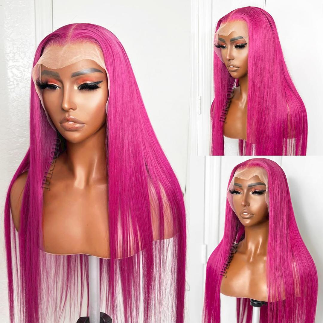 Hot Pink Lace Front Wig Long Glueless Lace Wigs for Women 24 Inch Straight Hair 13x4 Rose Red Colored Synthetic Lace Front Wigs Pre Plucked