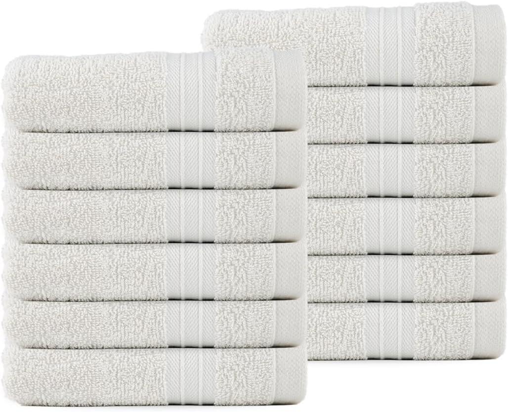 Washcloths - 13x13 Inch 100% Cotton, Super Soft, Highly Absorbent & Lightweight - Ideal for Everyday Use, Spa & Gym (Ivory - Pack of 12)
