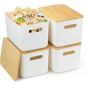 4 Pack Bamboo Lid Storage Bins - Stackable Plastic Containers for Organizing Desktop, Closet, Playroom, Classroom, Office, White