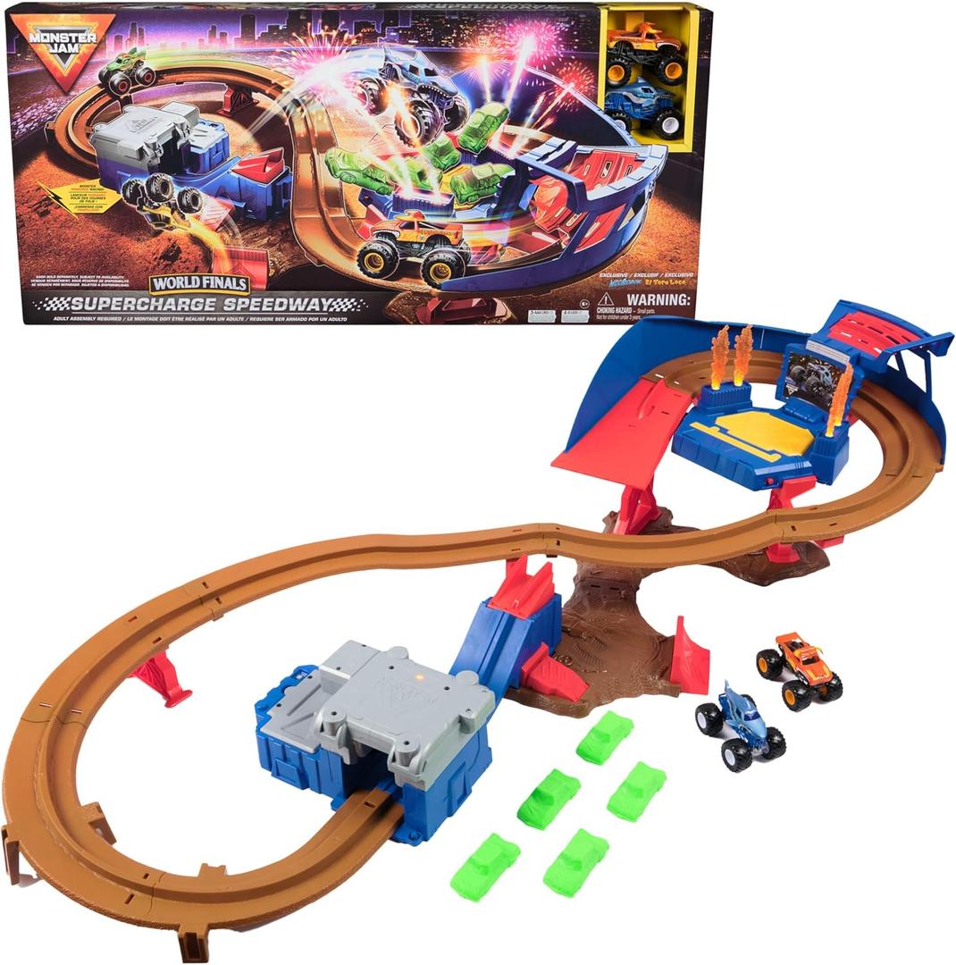 Monster Jam, Supercharge Speedway Playset, Megalodon and El Toro Loco Die-Cast Monster Trucks, Light Up World Finals Track Kids Toys for Boys Ages 3 and Up