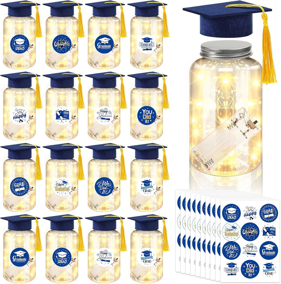 Phoncoo 16 Sets 2026 Graduation Table Decoration with LED Lights, Mason Jar Graduation Centerpieces for Tables with Grad Cap, Stickers for College High Middle School Grad Party Supplies Gifts(Blue)
