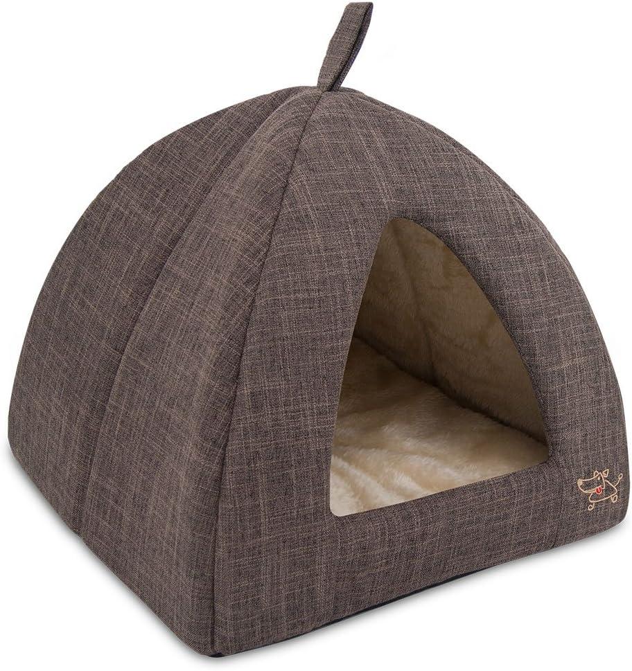 Best Pet Supplies Cat Bed for Indoor Cat, Domed Tent House with Removable Pillow, Covered Cat Cave for Small Dog, Puppies and All Breeds of Cats - Brown Linen, 19 x 19 x H:19"