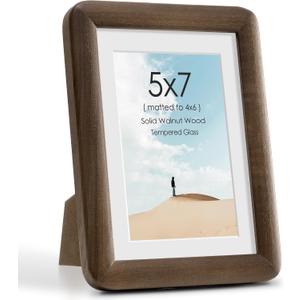 Acovy 5x7 Picture Frame, Solid Walnut Wood Picture Frame with Mat for 4x6 Photos, Rounded Corner 5x7 Wood Frame with Tempered Glass, 5 x 7 Photo Frames for Wall Hanging or Tabletop Display