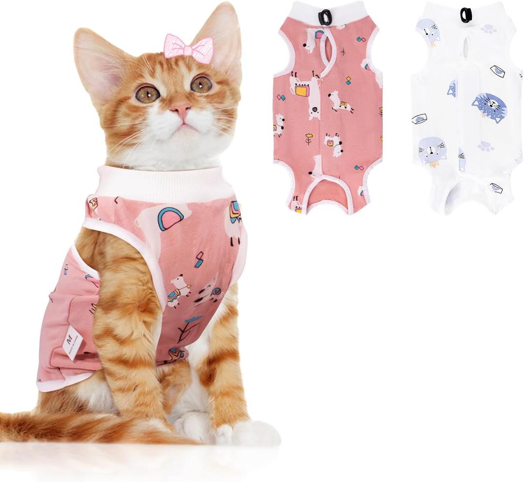 2 PCS Cat Recovery Suit Female Cat Onesie for Cats After Surgery Spay Abdominal Wounds, Kitten Surgery Recovery Suit Female Breathable E-Collar Alternative Kitten Onesie Anti Licking, Medium