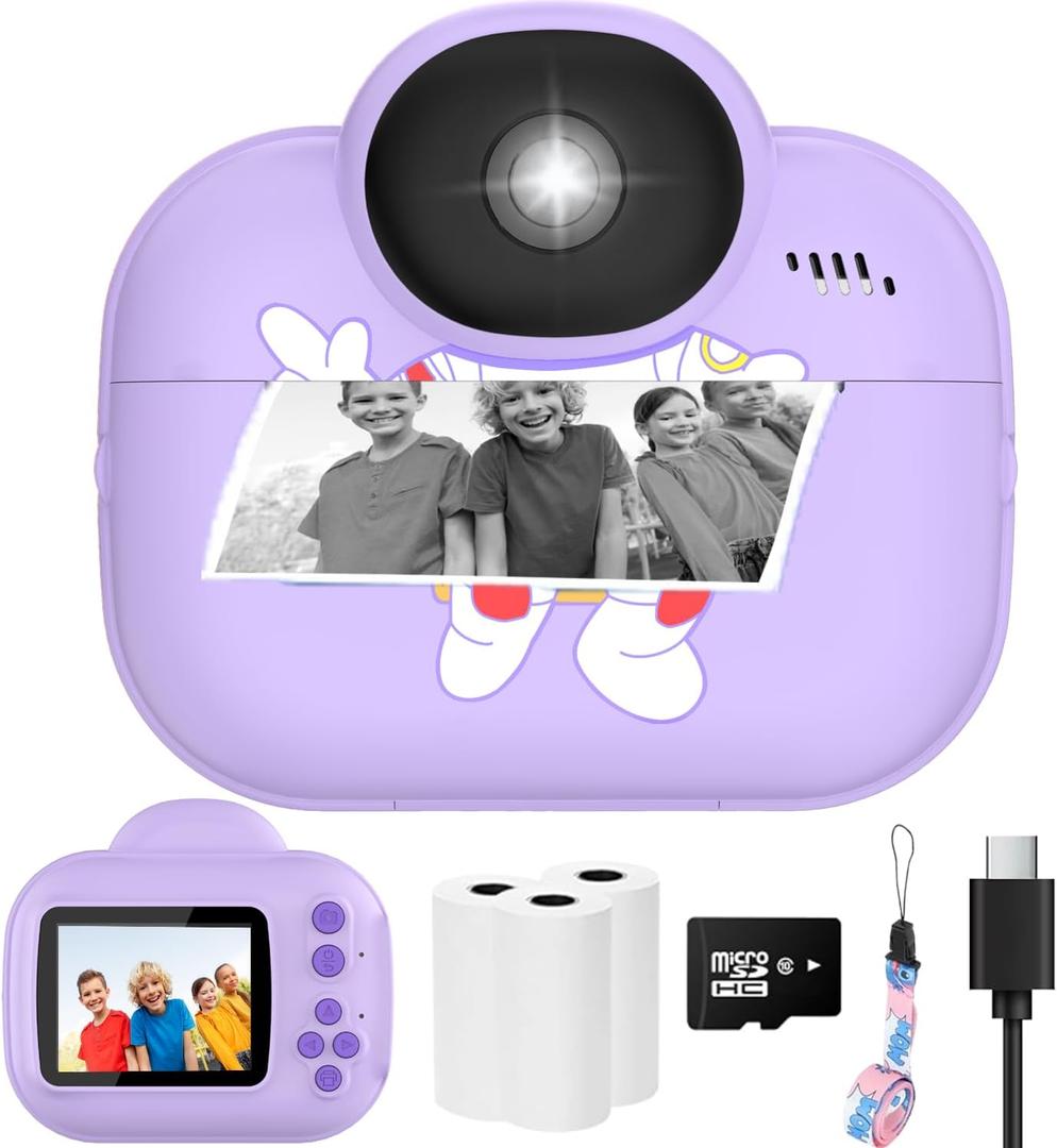 Kids Camera Toys, Instant Print Camera for Kids, Toddler Camera Christmas Birthday Gifts for Girls Boys,1080P HD Digital Cameras, Portable Travel Toy for 4 5 6 7 8 9 10 Year Girl with SD Card (Purple)