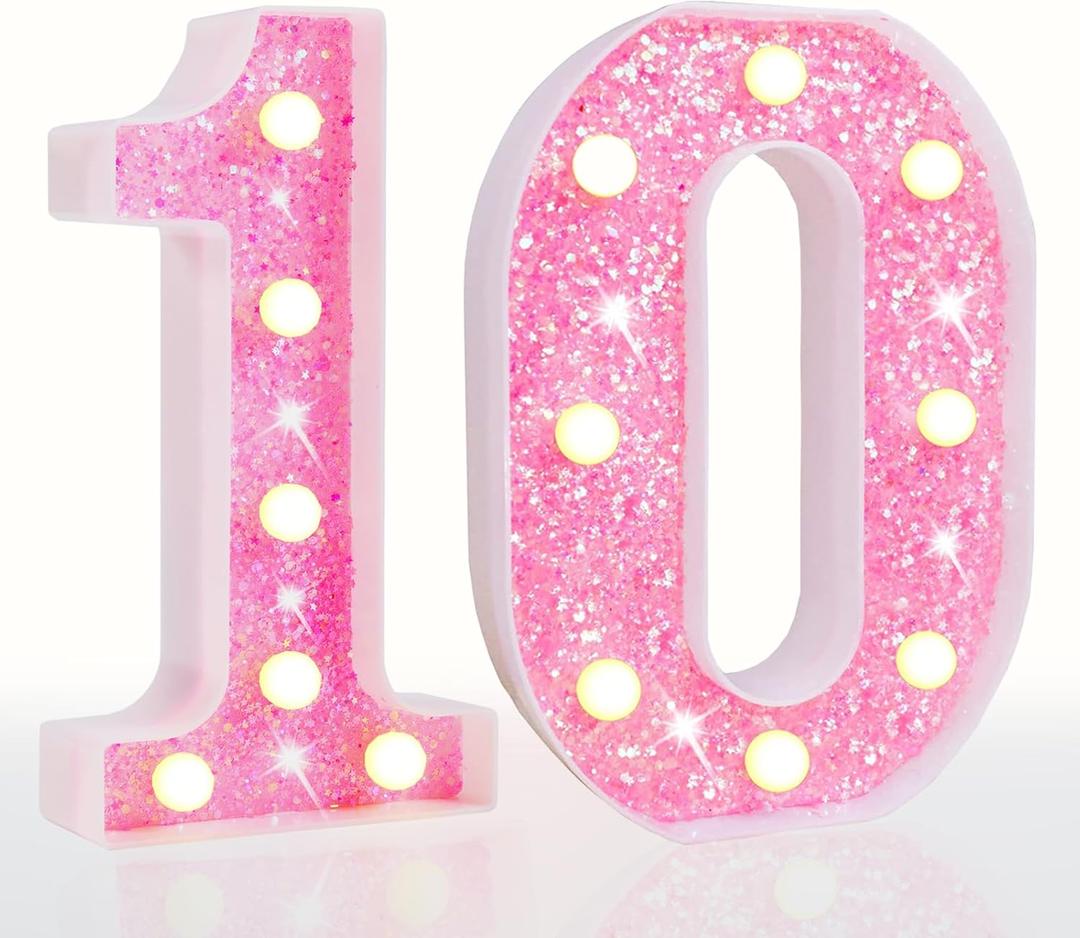 Pooqla 10th Birthday Decoration for Girls, light up Number 10 for Birthday Party, Battery Powered Glitter Lighted Numbers Shiny LED Marquee Numbers table Decor, Pink Number 10 (Warm White)