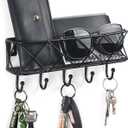 HappyHapi Key Holder for Wall Decorative, Entryway Key Hooks, Wall Mounted Key Rack with 5 Hooks, Metal Wire Mesh Basket Mail Holder, 9.8Lx2.1Wx4.1H