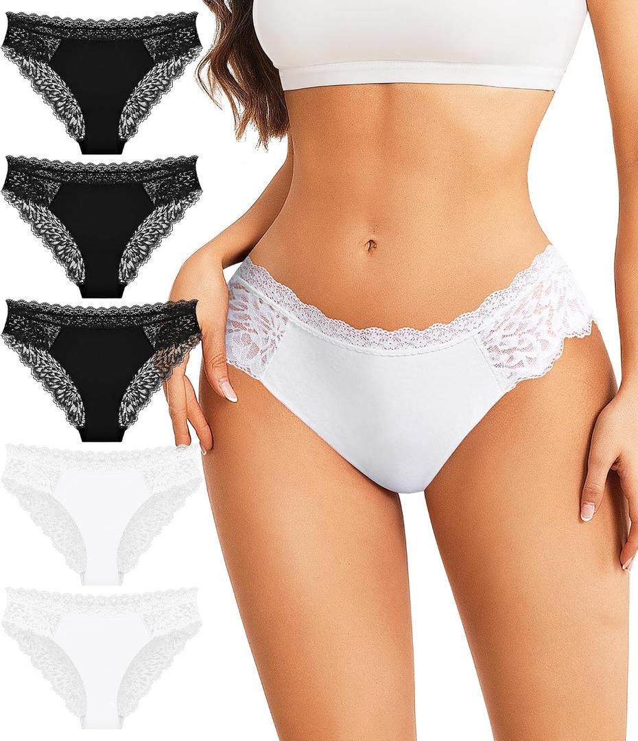 Sexy Underwear for Women Soft Lace Cheeky Panties Breathable Stretch High Cut Ladies Bikini Hipster Briefs 5 Pack (White, M)