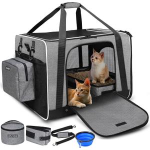 Petskd Extra Large Cat Carrier with Litter Box 24"x17"x17" for Medium Large Cat or 2 Small Cats, Collapsible Soft Sided Pet Carrier for Car Travel with Lockable Safety Zippers(Grey)