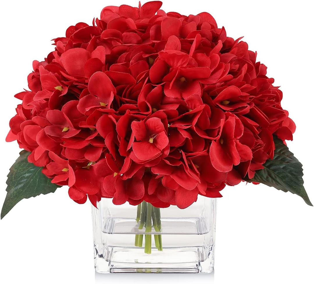 Silk Red Hydrangea Artificial Flowers in Vase with Faux Water, Faux Floral Arrangements in Vase for Home Decor, Wedding Table (Red)