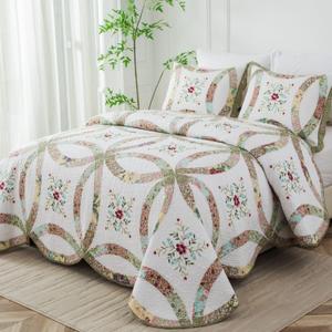 meadow park Cotton Real Patchwork Embroidery Quilt Set 3-Piece. 100% Washed Cotton. 461 Hand Cut Patches. Embroidery and Allover Quilting. Reversible Coverlet Set. (King) (Bright Garden)