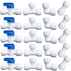 20 pcs Water Push to Connect Quick Connect Fittings 3/8" Tube OD for RO Water Reverse Osmosis System Water Tube Fitting (Ball Valve + Tee fitting + Union Connector+Elbow Connector)