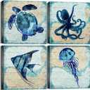 Navy Blue Ocean Animals Wall Art Beach Bathroom Decor Sea Turtle Octopus Jellyfish Canvas Pictures Kids Nursery Room Rustic Sea Fish Poster Artwork for Bedroom Living Room Home Decorations 16x16 4Pcs, 16x16in