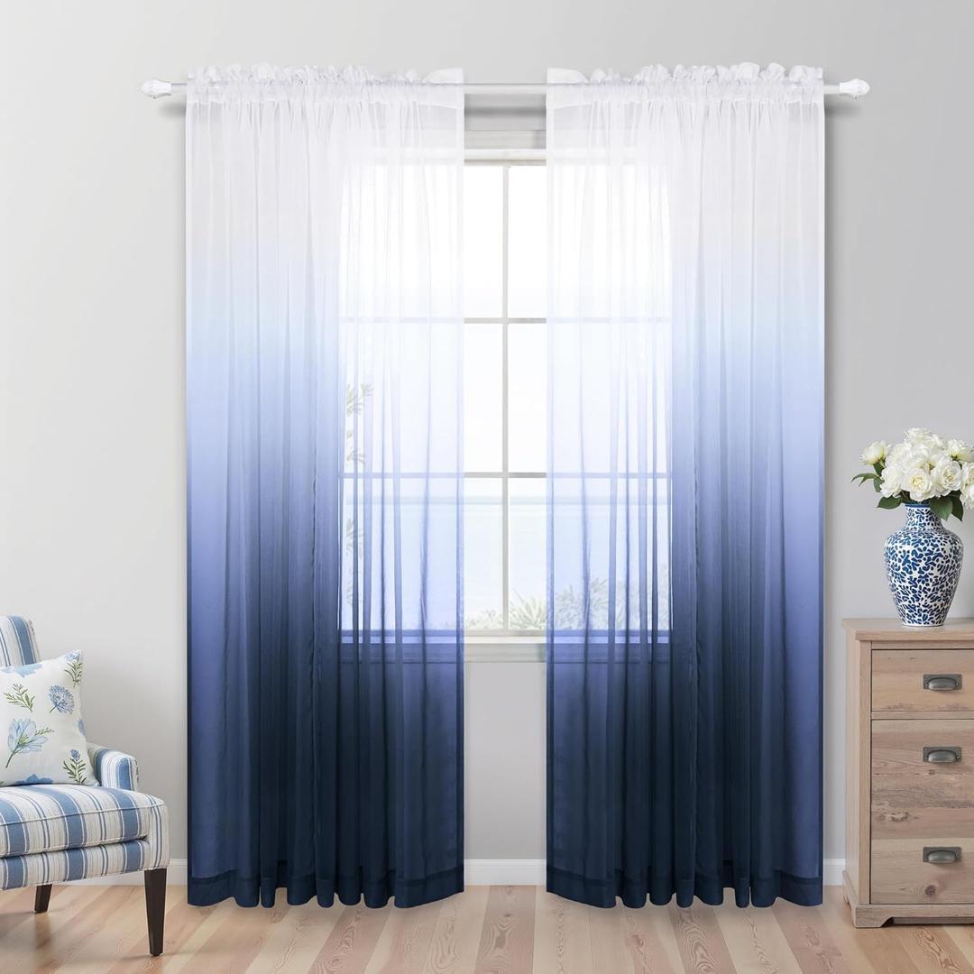 Navy and White Curtains for Living Room Set 2 Panels Rod Pocket Window Ombre Coastal Sheer Curtains for Bedroom Masculine Man's Cave Teen Boys Room Decor Man Christmas 52 x 84 Inches Long Dark Blue