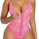 SHAPELLX Lace Bodysuit for Women Tummy Control Shapewear Backless Body Suits One Piece Body Shaper Thongs (Medium, Pink)