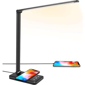 LED Desk Lamp with Wireless Charger, USB Charging Port, 10 Brightness, 5 Color Modes, Desk Lamps for Home Office, Dimmable Table Lamp Eye Caring Reading Light, Touch Control, Auto Timer, Black