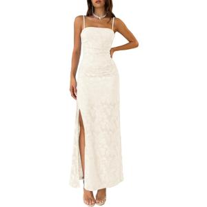 MITILLY Women's Summer Wedding Guest Dress 2026 Formal Spaghetti Strap Bodycon Ruched Floral Slit Maxi Dresses (S)