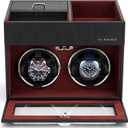 Vlando Automatic Double Watch Winder - Watch Winder Box with Men Jewelry Organizer Tray, Japanese Quiet Motor, LED Light, Adjustable Watch Pillows - Red