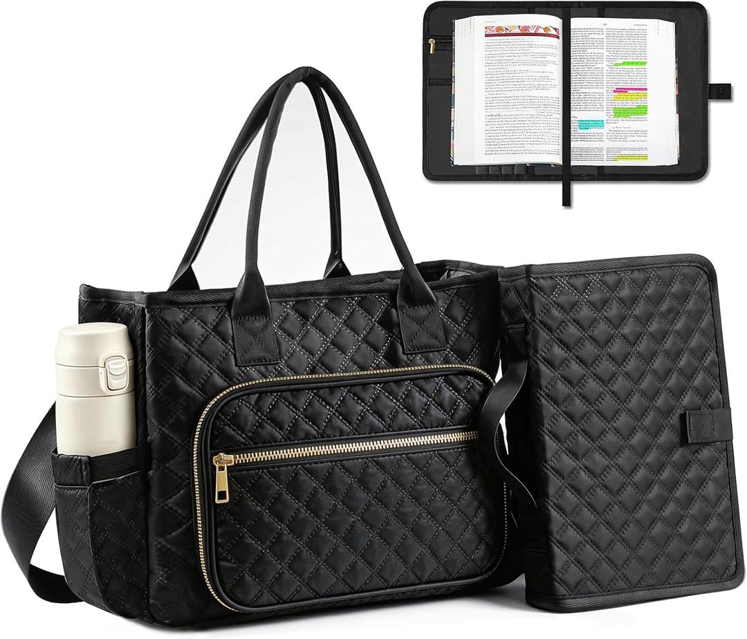 Large Bible Bag with Bible Cover for Women, Church Tote Bag with Shoulder Strap, Waterproof Bible Study Supplies, Bible Accessories for Christian Gift, Quilted Tote Bag for Men/Women, Black