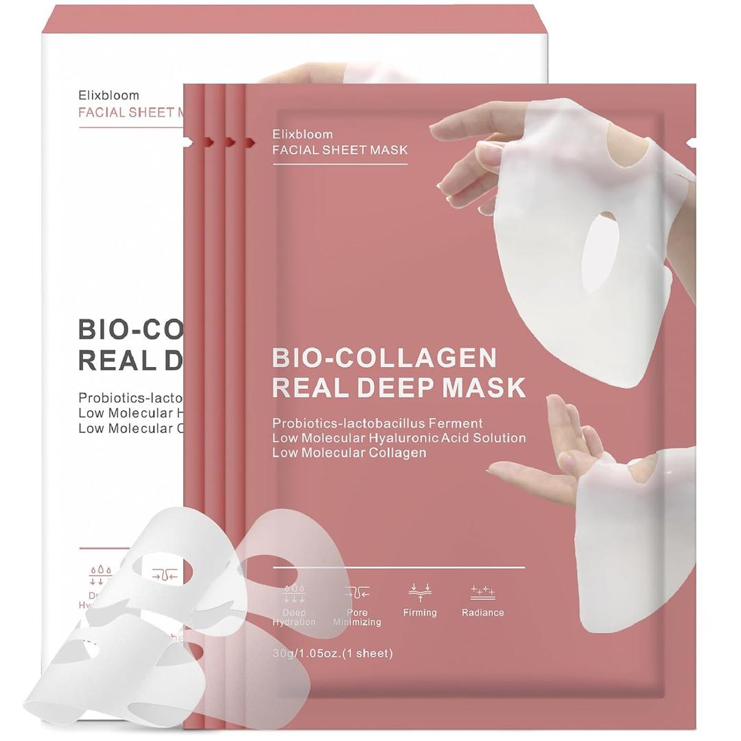 Bio-Collagen Face Mask, Real Deep Collagen Overnight Mask, Hydrating Collagen Face Mask, Facial Sheet Masks for Skincare, Pore Minimizing, Firming, Elasticity Improvement, and Moisturizing.