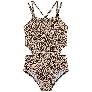 LIZENS Girls' One Piece Leopard Swimwear Cut Out Spaghetti Straps Swimsuit Floral Beach Bathing Suit for Girls Toddler Kids, (BLII, 7-8T)