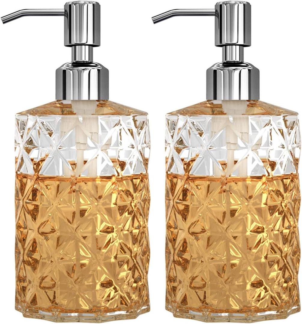 GLADPURE Soap Dispenser - 2 Pack, 12 Oz Clear Diamond Design Glass Refillable Hand Soap Dispensers; with 304 Rust Proof Stainless Steel Pump, Lotion Dispensers for Kitchen, Bathroom (Silver)