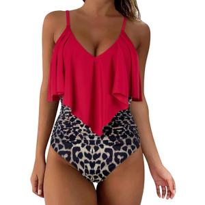 SUUKSESS Women Slimming Ruffle One Piece Swimsuits Ruched Tummy Control Bathing Suits (XX-Large, #1 Red Leopard)