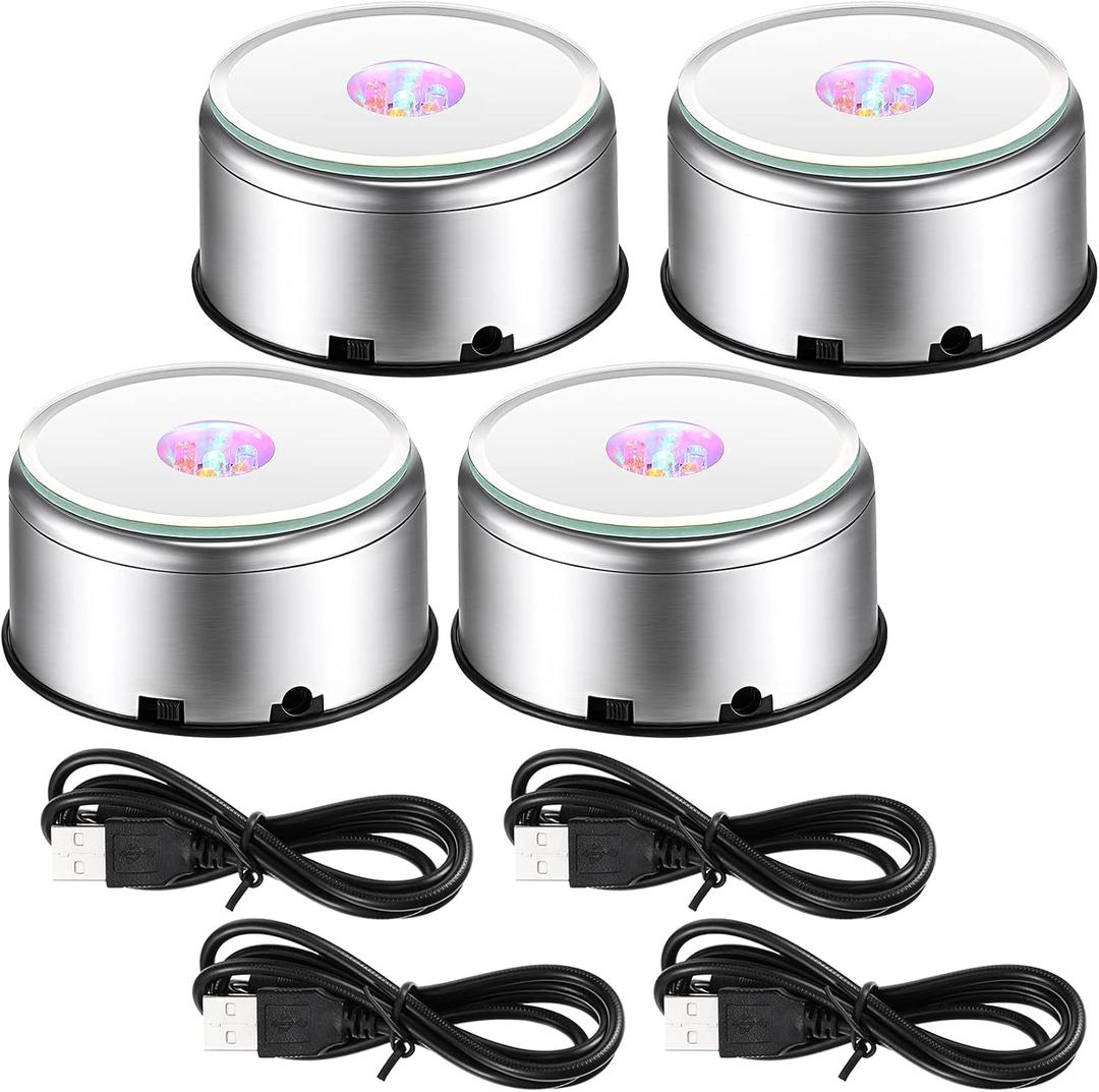 Jetec 4 Pcs 7 LED Light Base Rotating Display Stand Turner Colorful Rotating Crystal Display Base 360 Degree Display Spinner with USB Cable for Glass Art Crystals Jewelry Craft