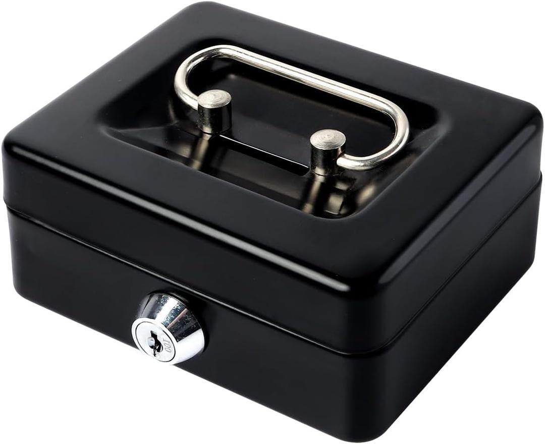 Small Cash Box with Lock and Slot - Jssmst Metal Coin Bank Small Lock Box, Black(SMCB0301N)
