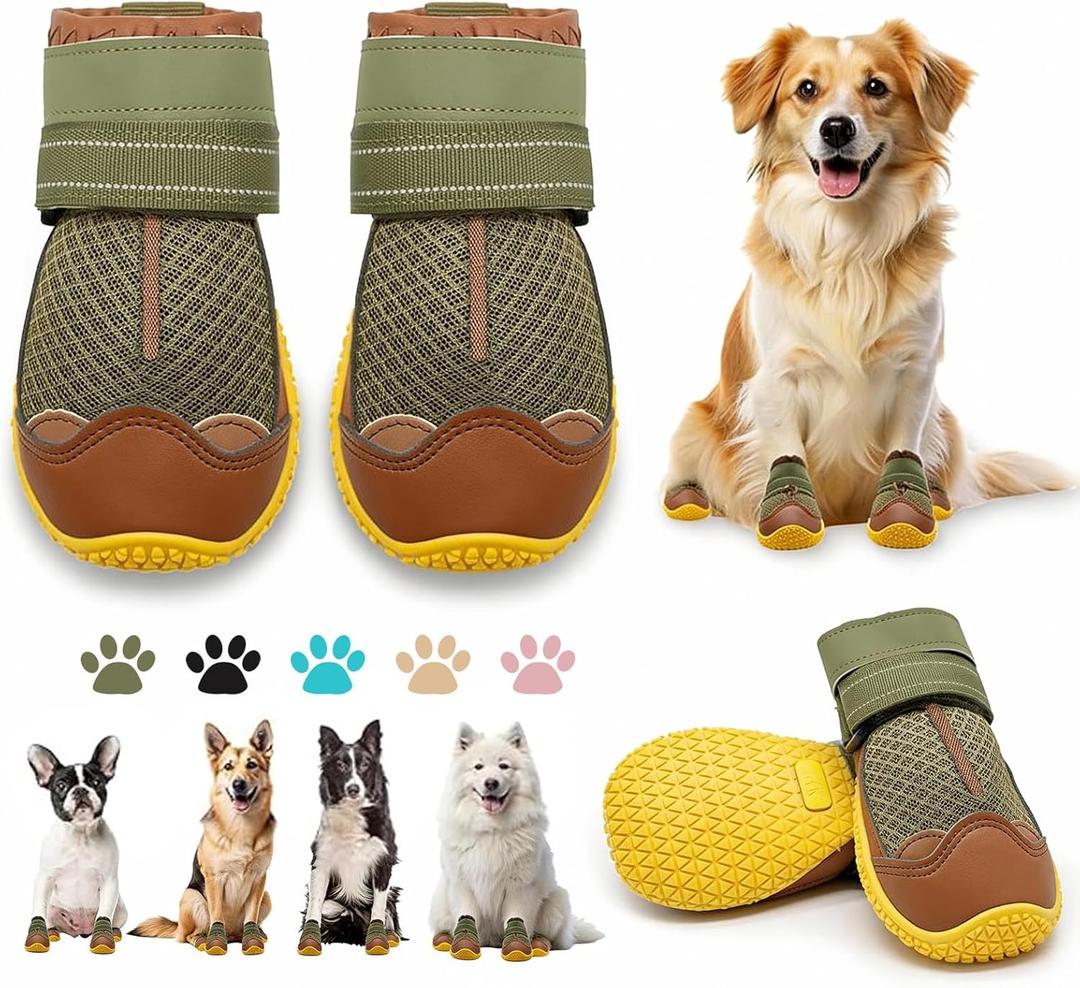 Dog Boots for Large Dogs, Medium Dog Boots & Paw Protectors for Hardwood Floors, Outdoor Dog Booties for Hot Pavement Winter Snow Hiking, Dog Shoes with Reflective Strips (Width 2.75 Inch, Army Green)