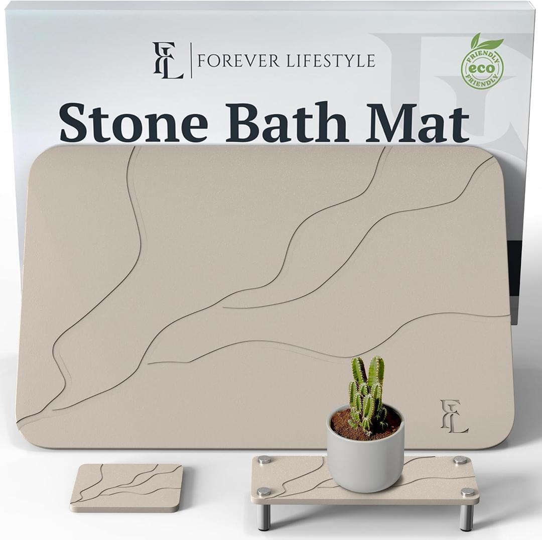 Stone Bath Mat 24 x 15 in, Stone Bath Mat for Bathroom Natural Diatomaceous Earth Bath Mat, for Kitchen/Bathroom, Bath Stone mat with soap Holder, Storage Caddy & Sanding Tool (Light Grey-Sculpted)
