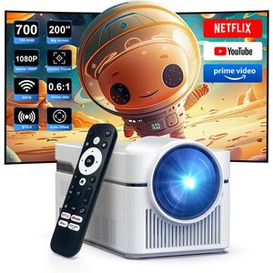 Short Throw Projector with 4k Support, Built-in Android 13, Smart Projector with Wifi and Bluetooth , Electric Focus, 2 x 8W Stereo Speakers for Bedroom and Outdoor Use HY450NTV (White)