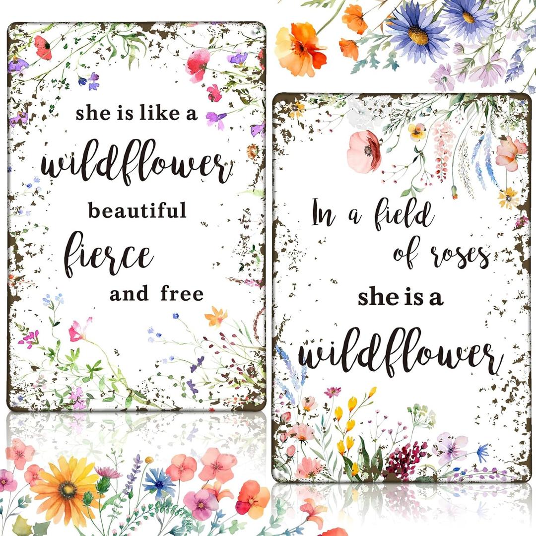 2 Pcs Vintage Wildflower Metal Tin Sign Wild Flower Baby Shower Party Decoration She Is Like a Wildflower Beautiful Fierce and Free Funny Tin Sign for Birthday Baby Shower Nursery Decor