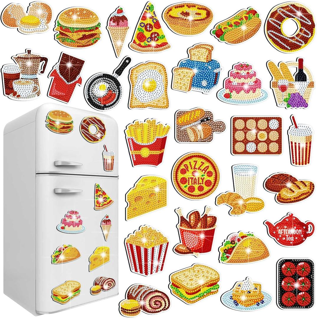 30 Pcs Diamond Art Magnets Easy Diamond Painting Magnet Kits for Adults Kids DIY Fridge Home Decors(Food)