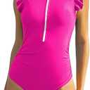 ZAFUL Women's Tummy Control Swimsuits One Piece Swim Suits Zipper Short Sleeve Bathing Suit Ruffle Swimwear, Size XL, Rose Red-017