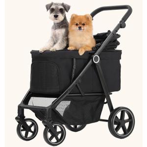 Dec-Mec Dog Stroller for Medium Large Dogs up to 66lbs Portable&Foldable | Pet Stroller for 2 Small Dogs with Adjustable Handle & Canopy, Ventilated, Storage Organizer, Black, Medium 